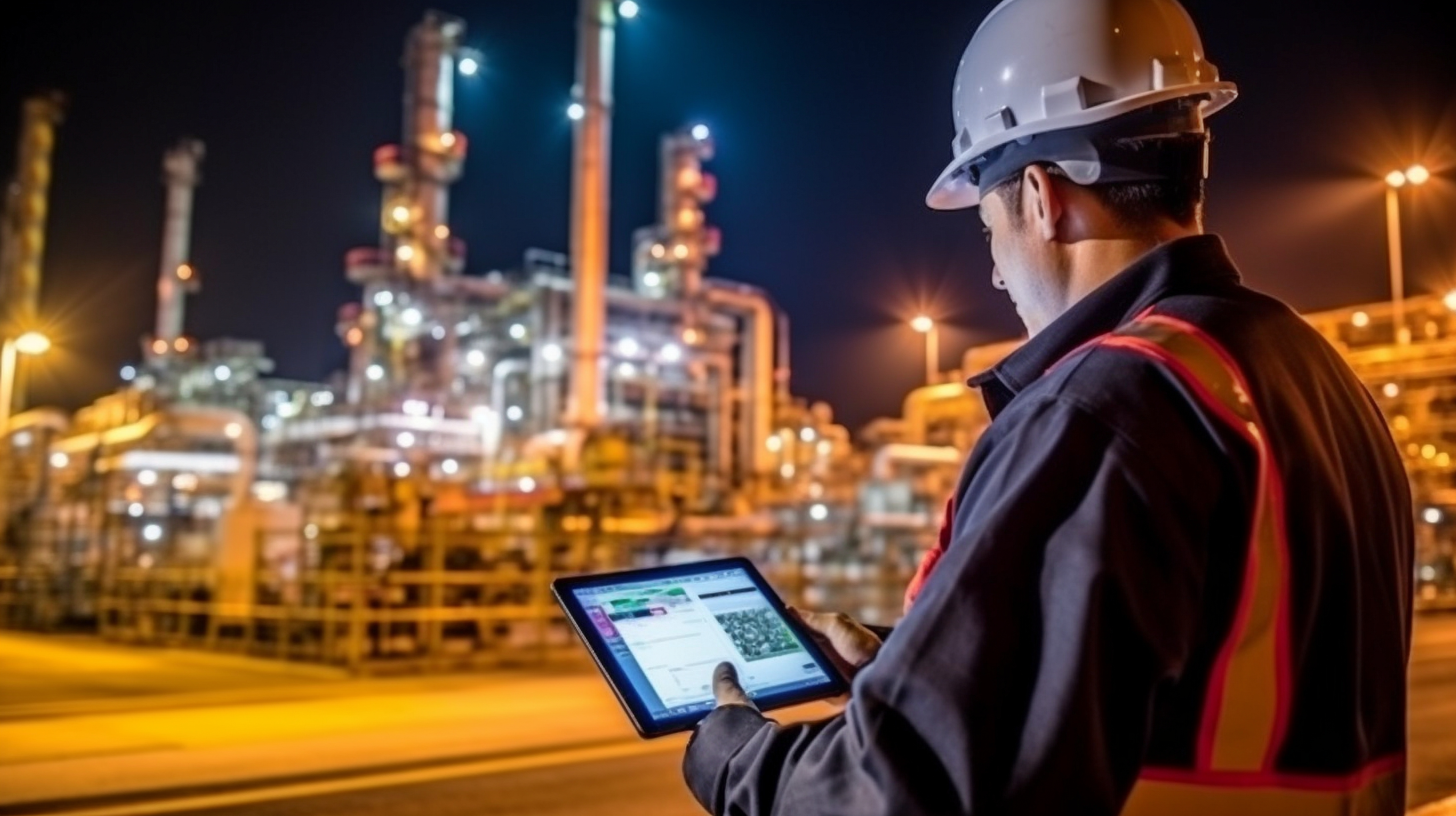 A man holding a tablet in an oil and gas refinery